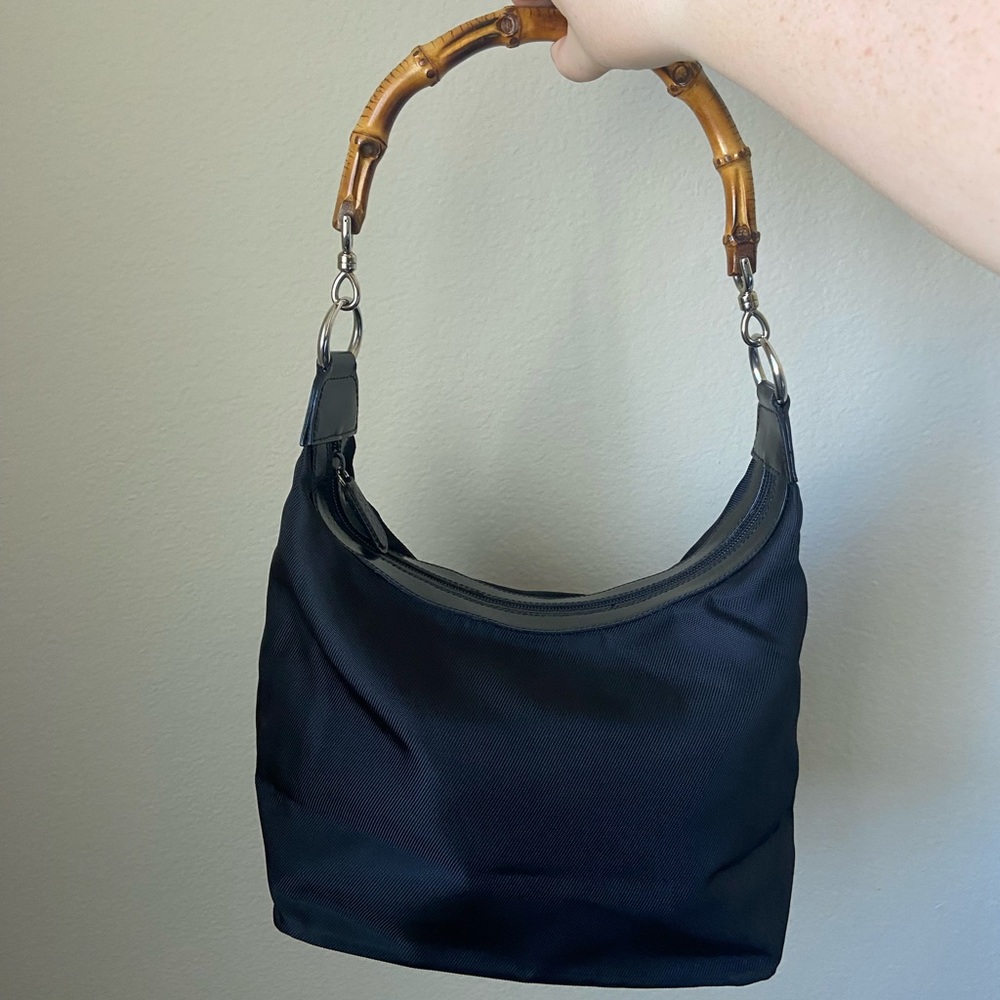 Gucci bamboo nylon leather bag, authentic